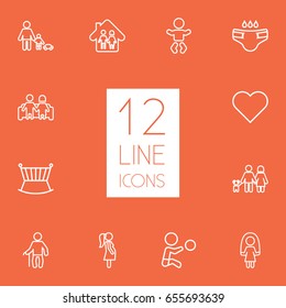 Set Of 12 Family Outline Icons Set.Collection Of Playing, Soul, Lovers And Other Elements.