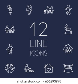 Set Of 12 Family Outline Icons Set.Collection Of Playing, Baby, Crib And Other Elements.