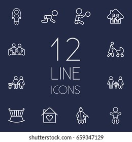 Set Of 12 Family Outline Icons Set.Collection Of Crib, Parents, Family And Other Elements.