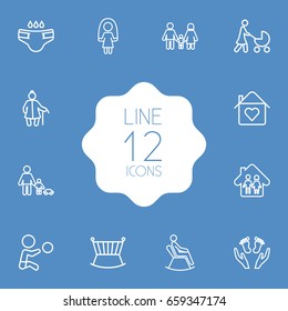 Set Of 12 Family Outline Icons Set.Collection Of Home, Parents, Skipping Rope And Other Elements.