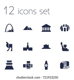 Set Of 12 Famous Icons Set.Collection Of London, Waterfall, Japan And Other Elements.
