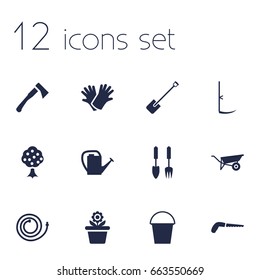 Set Of 12 Farm Icons Set.Collection Of Hacksaw, Garden Hose, Cutter And Other Elements.