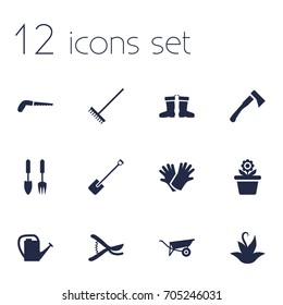 Set Of 12 Farm Icons Set.Collection Of Wheelbarrow, Shovel, Rubber Boots And Other Elements.