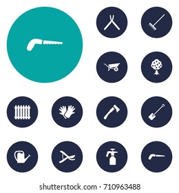 Set Of 12 Farm Icons Set.Collection Of Fence, Watering Can, Scissors And Other Elements.
