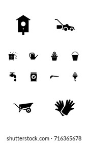 Set Of 12 Farm Icons Set.Collection Of Beehive, Flowerpot, Watering Can And Other Elements.