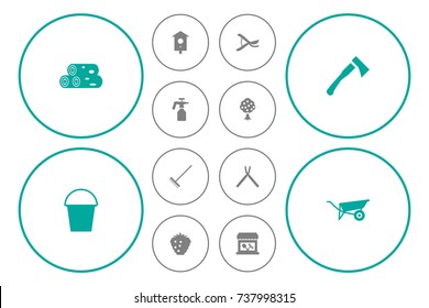 Set Of 12 Farm Icons Set.Collection Of Scissors, Store, Bucket And Other Elements.