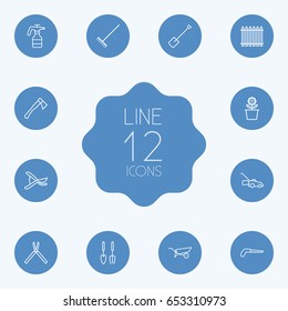 Set Of 12 Farm Outline Icons Set.Collection Of Shears, Spade, Grass-Cutter And Other Elements.