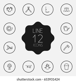 Set Of 12 Farm Outline Icons Set.Collection Of Secateurs, Waterproof Shoes, Firehose And Other Elements.