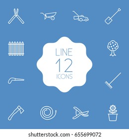 Set Of 12 Farm Outline Icons Set.Collection Of Plant Pot, Arm-Cutter, Shears And Other Elements.