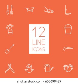 Set Of 12 Farm Outline Icons Set.Collection Of Safer Of Hand , Shears, Spade Elements.