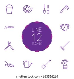 Set Of 12 Farm Outline Icons Set.Collection Of Hatchet, Safer Of Hand , Atomizer Elements.