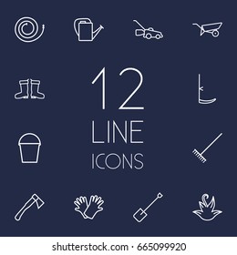 Set Of 12 Farm Outline Icons Set.Collection Of Herb, Firehose, Safer Of Hand Elements.
