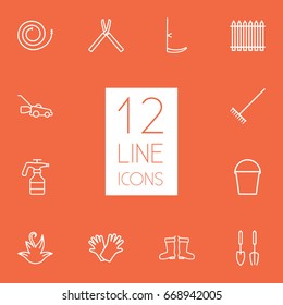 Set Of 12 Farm Outline Icons Set.Collection Of Herb, Firehose And Other Elements.