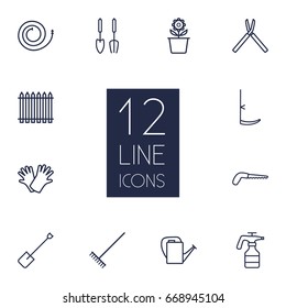 Set Of 12 Farm Outline Icons Set.Collection Of Arm-Cutter, Harrow, Atomizer And Other Elements.
