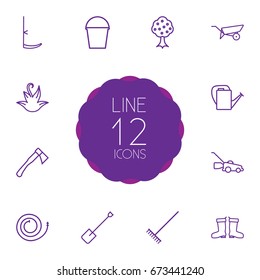 Set Of 12 Farm Outline Icons Set.Collection Of Barrow, Pail, Bailer And Other Elements.