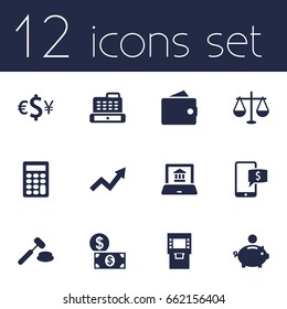 Set Of 12 Finance Icons Set.Collection Of Terminal, Calculate, Currency And Other Elements.