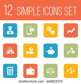 Set Of 12 Finance Icons Set.Collection Of Ingot, Save Money, Currency And Other Elements.