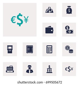 Set Of 12 Finance Icons Set.Collection Of Strongbox, Ingot, Cash And Other Elements.