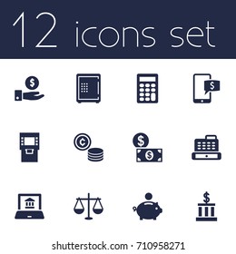 Set Of 12 Finance Icons Set.Collection Of Strongbox, Terminal, Save Money And Other Elements.