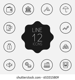 Set Of 12 Finance Outline Icons Set.Collection Of Wallet, Atm, Cash Register And Other Elements.
