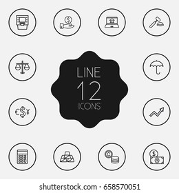 Set Of 12 Finance Outline Icons Set.Collection Of Justice, Internet Banking, Auction And Other Elements.