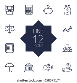 Set Of 12 Finance Outline Icons Set.Collection Of Justice, Grow Up, Bank And Other Elements.