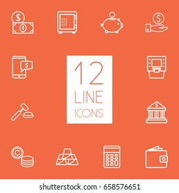 Set Of 12 Finance Outline Icons Set.Collection Of Bank, Money Box, Golden Bars And Other Elements.