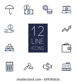 Set Of 12 Finance Outline Icons Set.Collection Of Dollar, Protect, Cash Register And Other Elements.