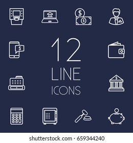 Set Of 12 Finance Outline Icons Set.Collection Of Money Box, Internet Banking, Calculator And Other Elements.