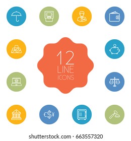 Set Of 12 Finance Outline Icons Set.Collection Of Internet Banking, Money Box, Golden Bars And Other Elements.