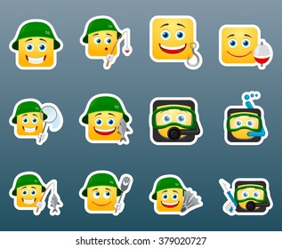 Set of 12 fishing emoticon smile stickers
