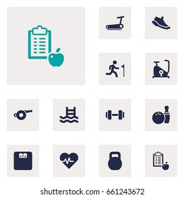 Set Of 12 Fitness Icons Set.Collection Of Body Balance, Training Bicycle, Blower And Other Elements.