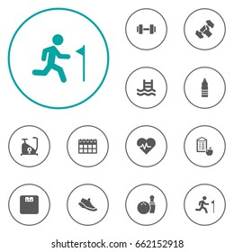 Set Of 12 Fitness Icons Set.Collection Of Basin, Drink, Sneakers And Other Elements.