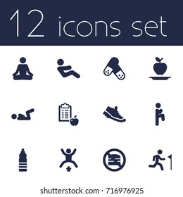 Set Of 12 Fitness Icons Set.Collection Of Regime, Running, Meditate And Other Elements.