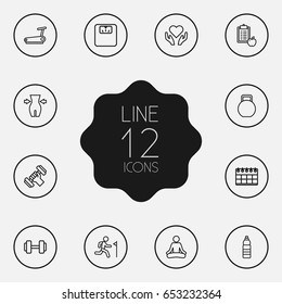 Set Of 12 Fitness Outline Icons Set.Collection Of Water Bottle, Scales, Yoga And Other Elements.