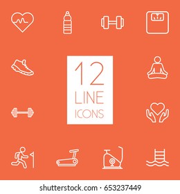 Set Of 12 Fitness Outline Icons Set.Collection Of Trekking Shoes, Water Bottle, Yoga And Other Elements.