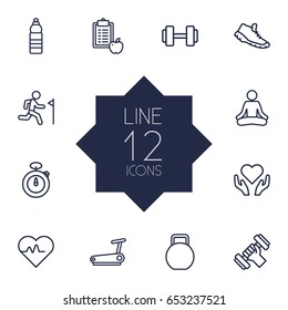 Set Of 12 Fitness Outline Icons Set.Collection Of Workout, Yoga, Stopwatch And Other Elements.