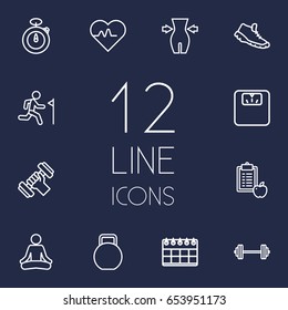 Set Of 12 Fitness Outline Icons Set.Collection Of Yoga, Calendar, Workout And Other Elements.
