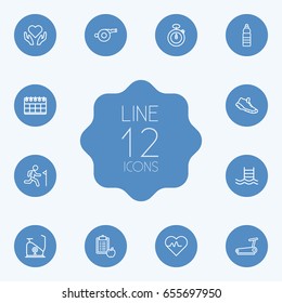 Set Of 12 Fitness Outline Icons Set.Collection Of Pulse, Exercise Bike, Stopwatch And Other Elements.