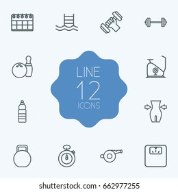 Set Of 12 Fitness Outline Icons Set.Collection Of Calendar, Stopwatch, Weight Loss And Other Elements.