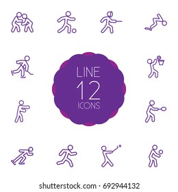 Set Of 12 Fitness Outline Icons Set.Collection Of Basket, Fight, Ice Skating And Other Elements.