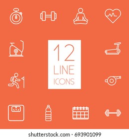 Set Of 12 Fitness Outline Icons Set.Collection Of Barbell, Running Track, Exercise Bike And Other Elements.