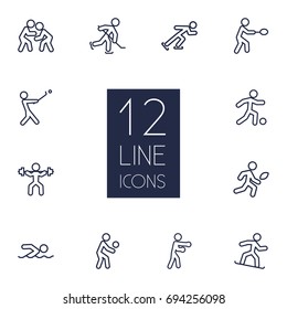 Set Of 12 Fitness Outline Icons Set.Collection Of Player, Soccer, Power-Lifting And Other Elements.