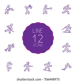 Set Of 12 Fitness Outline Icons Set.Collection Of Gymnastic, Soccer, Puck And Other Elements.