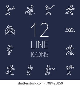 Set Of 12 Fitness Outline Icons Set.Collection Of Basket, Rocket, Diving And Other Elements.