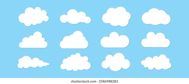 Set of 12 flat clouds. Simple cute vector illustration. Children's drawing. A weather or cloud storage icon. Blue summer sky.