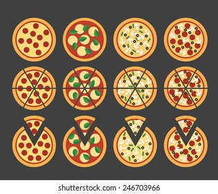 set of 12 flat pizza icons, sliced with separate pieces and unsliced