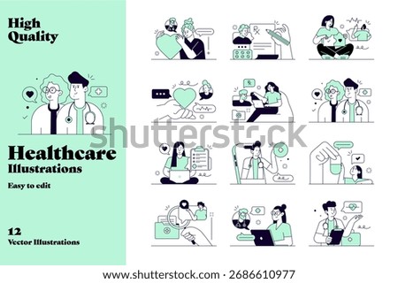 Set of 12 flat vector Healthcare illustrations including doctors, telemedicine, online consultation, medical records, pills, and wellness. Ideal for apps, websites, and health projects.