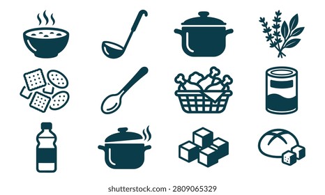 Set of 12 flat vector icons: soup bowl, ladle, cooking pots, herbs, crackers, spoon, fried chicken basket, tin can, water bottle, sugar cubes, and bread on white background.