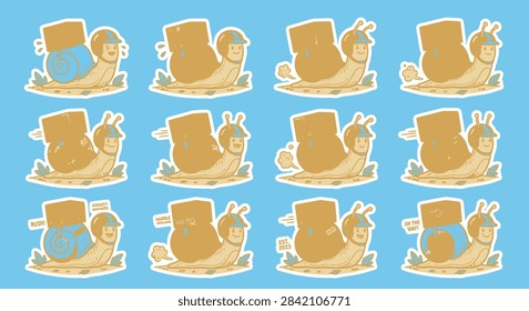 Set of 12 flat vector snail express delivery stickers featuring cute cartoon snails wearing yellow helmets and carrying cardboard boxes on blue background for shipping.